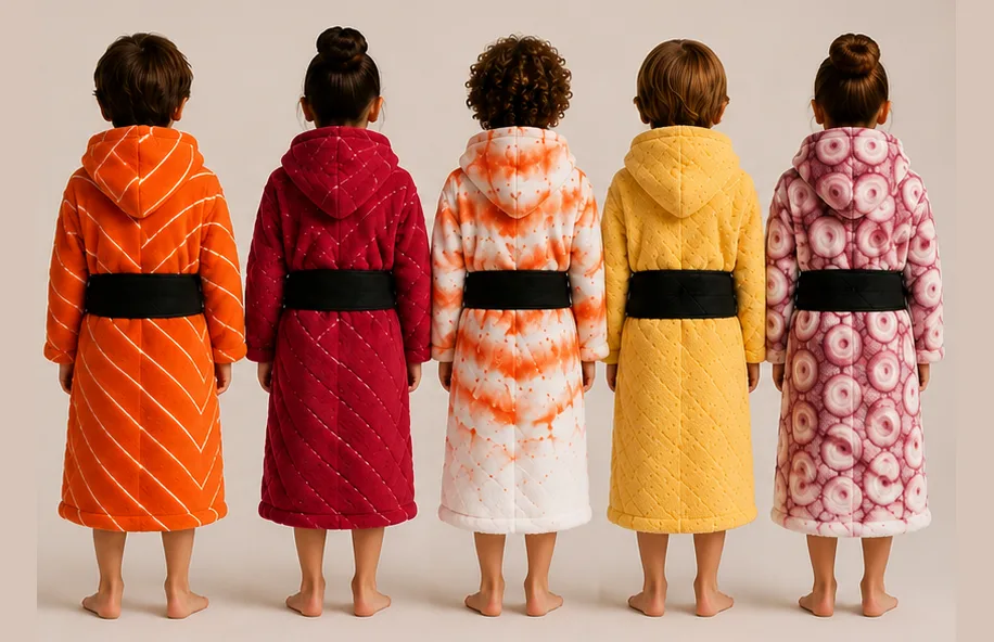 The same five bathrobes from behind, showing the salmon, tuna, prawn, tamago and octopus designs