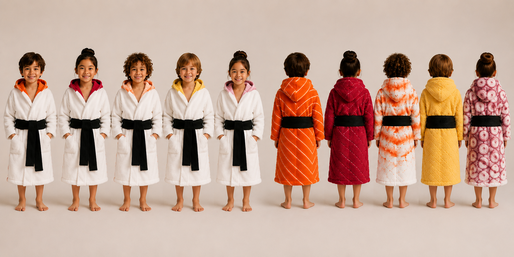 Five children wearing hooded sushi bathrobes, shown from the front and the back
