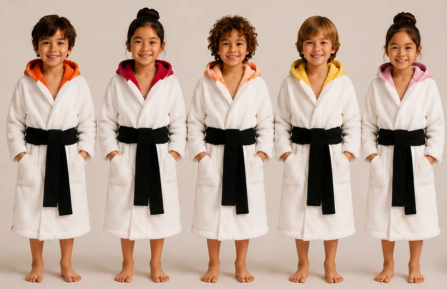 Five children wearing hooded bathrobes, seen from the front